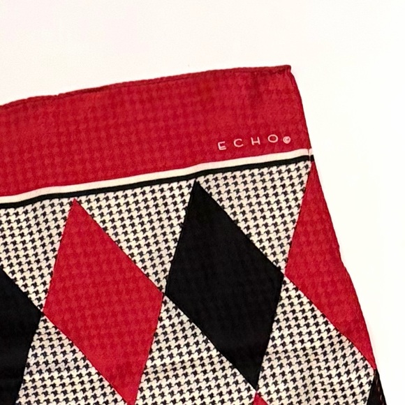 Echo 100% Silk Scarf Red White and Black Diamond Harlequin Pattern 11”x 59” - Picture 11 of 11